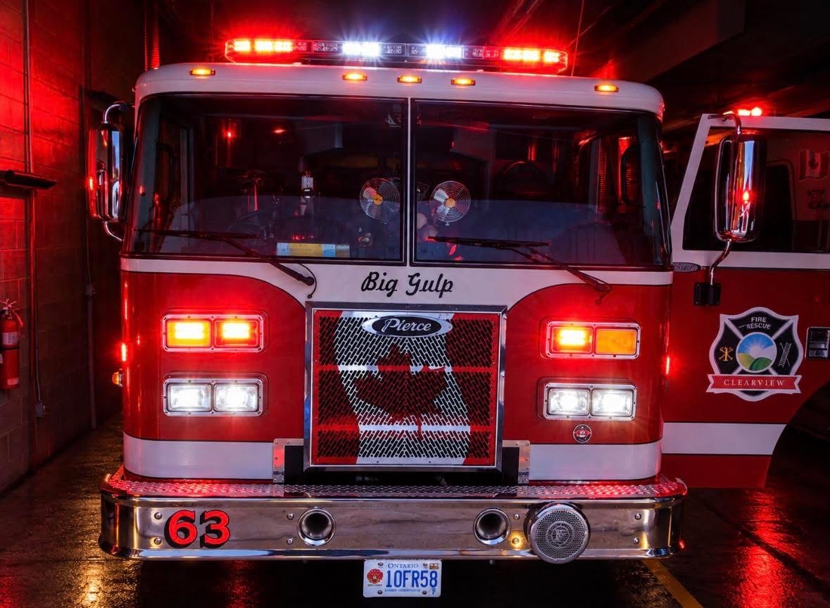 Simcoe County Paramedic Services ambulance responding with emergency lights